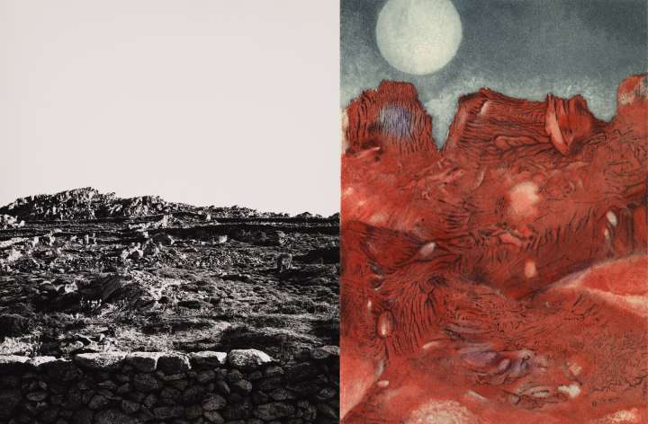 Leitmotiv der Ausstellung bestehend aus einer schwarz-weiß Fotografie einer kargen Landschaft von Helmut Hahn (links) und Kupferstich einer roter Felsenlandschaft vor blauem Himmel mit großem Mond von Max Ernst (rechts)