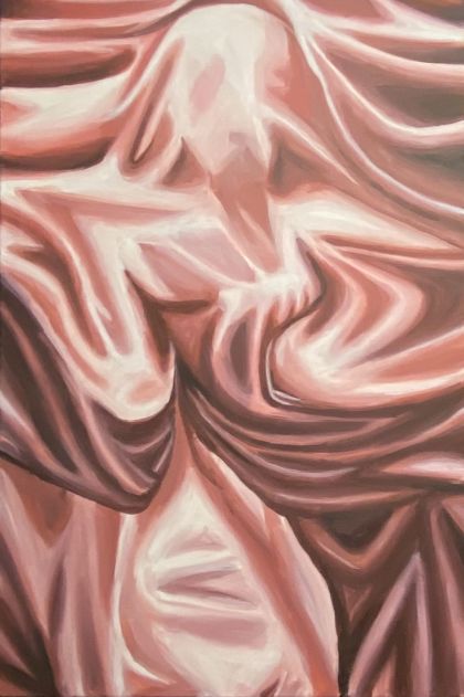 Das Gemälde zeigt einen Körper durch ein glänzendes rosa Tuch verhüllt.