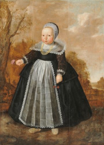 Kinderportät eines jungen Mädchens in wei ausgestelltem Kleid aus schwarzem Brokat