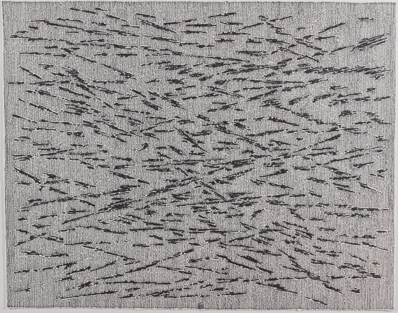 Die Zeichnug ohne Titel von Helmut Hahn zeigt dünne graue vertikale Linien im Hintergrund, darauf dunklere Striche, die zu eher vertikalen Gruppen geordnet sind