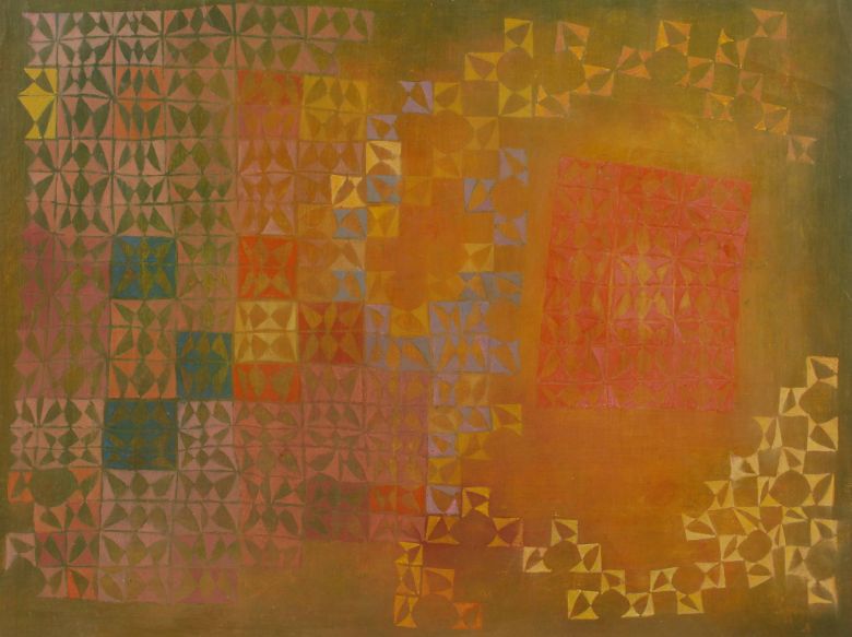 Das Werk von Helmut Hahn zeigt gelbe, grüne, rote und rosane Dreiecke und Vierecke in einer geometrischen Form auf einem grünen Hintergrund