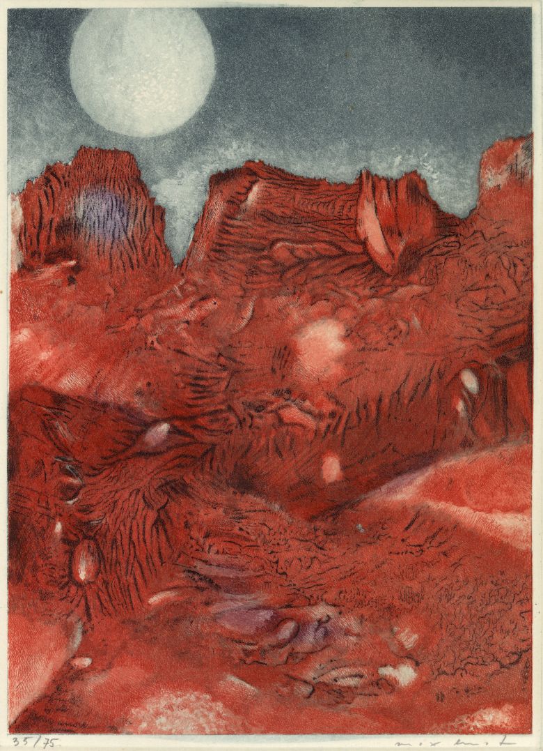 Der Kupferstich Vue de ma fen&ecirc;tre von Max Ernst zeigt eine surreale, feuerrote Landschaft unter einem blauen Himmel mit Gestirn