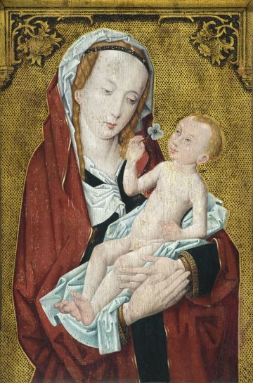 Das Bild aus dem 15. Jahrhundert zeigt die, in rote Gewänder gehüllte, Madonna mit ihrem Kind in den Armen, vor goldenem Hintergrund.