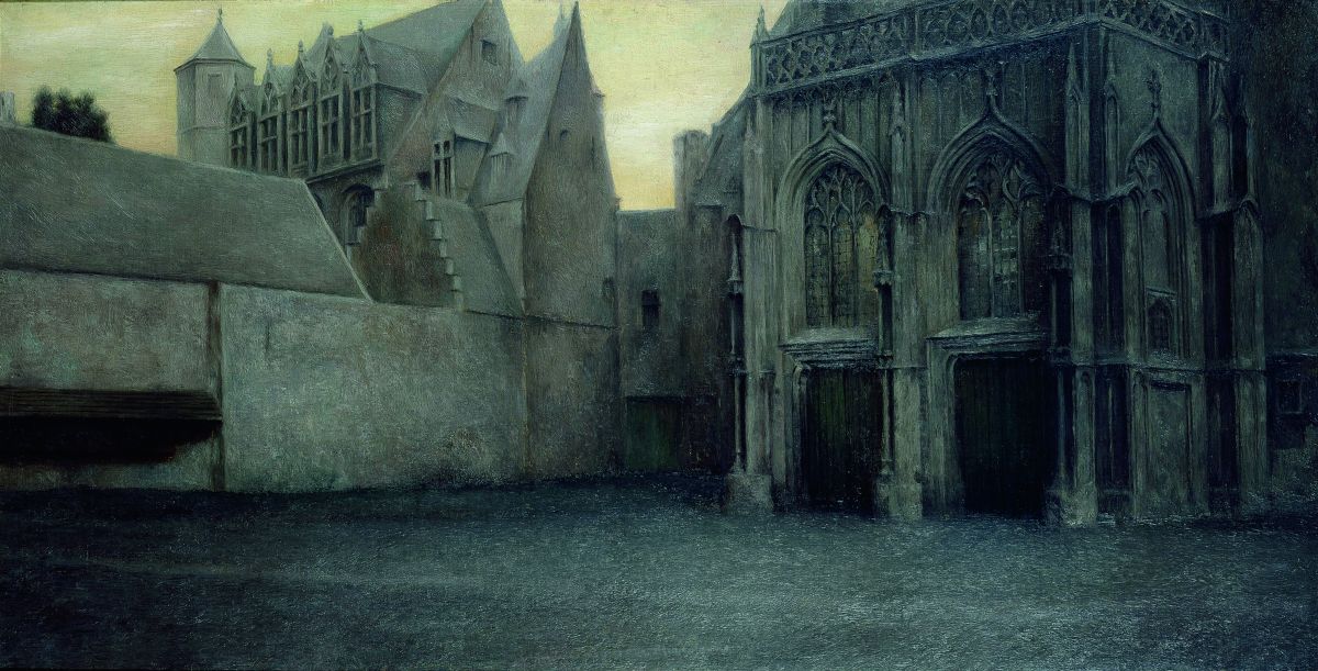 Menschenleere Ansicht des Eingangs der Kirche Notre Dame in Brügge gehalten in düsteren Farben