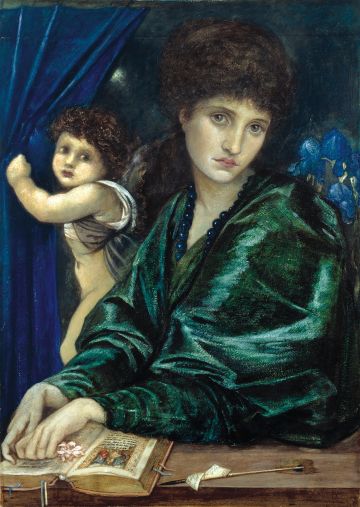 Das Gemälde von Edward Burne-Jones zeigt die junge Maria Theresa Zambaco mit melancholischem Blick. Hinter ihr zieht der Liebesgott Amor einen blauen Vorhang zur Seite. Auf der Brüstung vor ihr liegen ein illustriertes Gebetbuch und ein Federkiel mit einer lateinischen Botschaft.