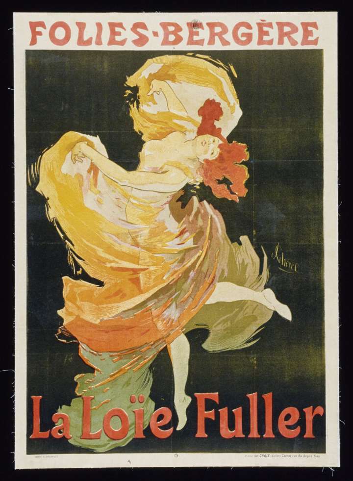 Das Bild zeigt ein Werbeplakat mit einer gezeichnetet Loïe Fuller.