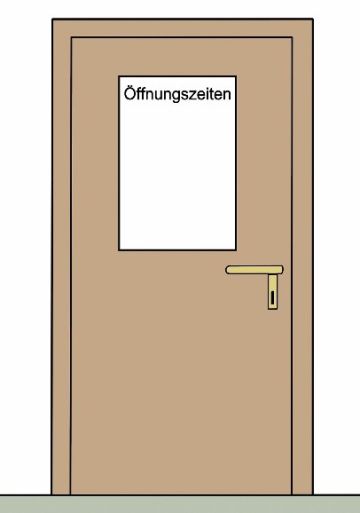 Zeichnung einer T&uuml;r auf der "&Ouml;ffnungszeiten" geschrieben steht