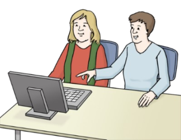 Zeichnung von zwei Personen an einem Computer