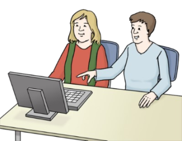 Zeichnung zeigt zwei Personen sitzen an einem Computer